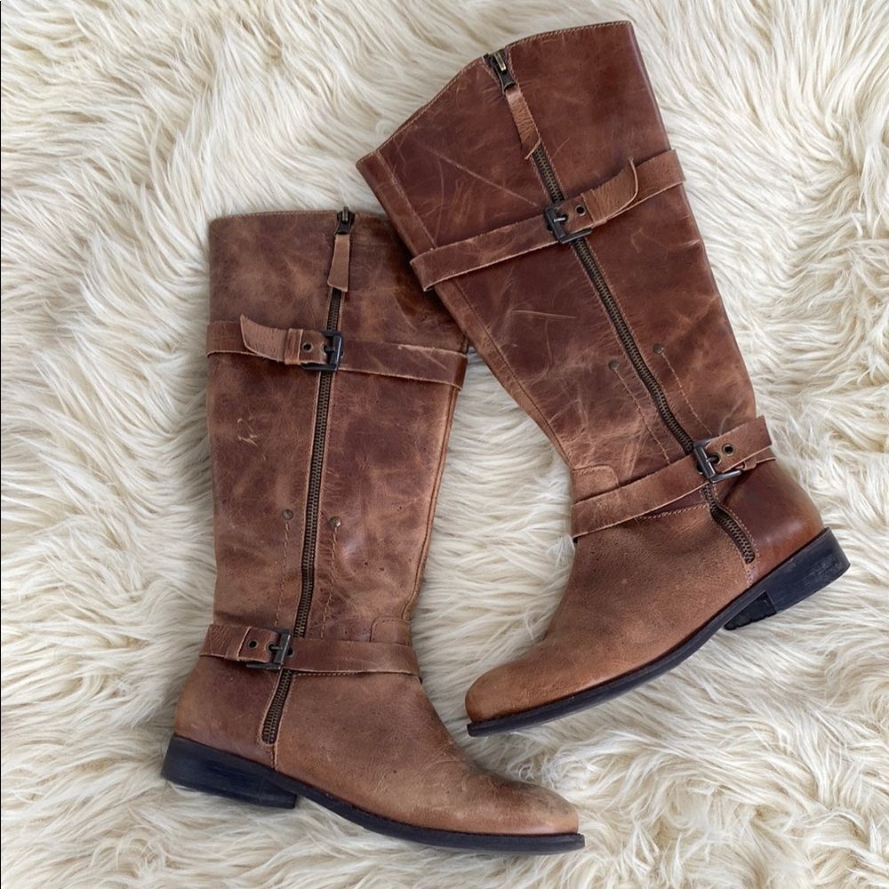 Matisse Brown Distressed Leather Buckled Riding Boots Sz 8M Preppy Country Boho